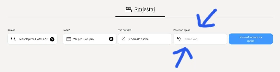 Polje za unos Valamar promo koda na stranici rezervacije